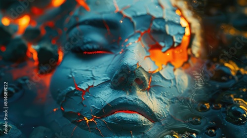 woman face in textured Fire and Water. Cracked porcelain mask, water flames lick a woman's face, surreal depths whisper secrets. Close-up mystery