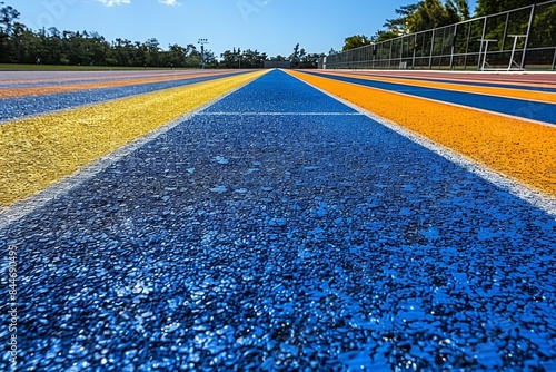 A vibrant running track in a park setting, featuring blue, yellow, and orange lanes. The track is made of rubberized material and is surrounded by lush green trees and bushes