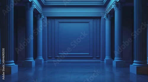 Royal blue empty room backdrop, with Greek architecture and columns.