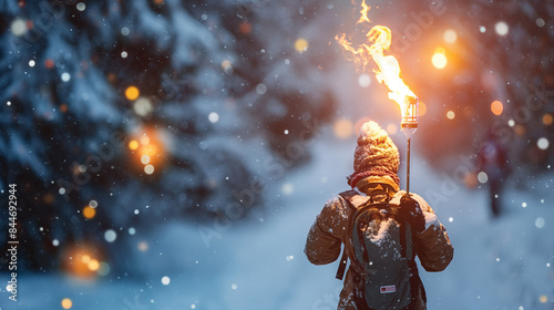 A lone hiker illuminates the snowy forest path with a burning torch, blending adventure with winter's quiet magic.