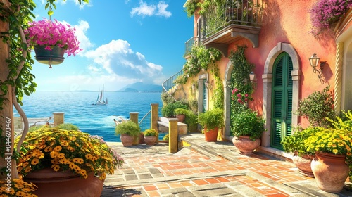 An Italian courtyard by the mediterranean sea full of colorful flowers