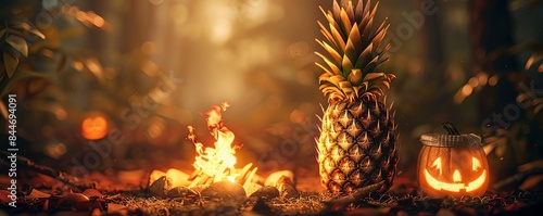 A pineapple telling ghost stories around a campfire, Playful, Warm tones, Digital art, Spooky fun