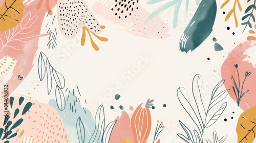 Colorful abstract background with leaves, flowers, and objects in pink, orange, and blue, inspired by nature and beauty