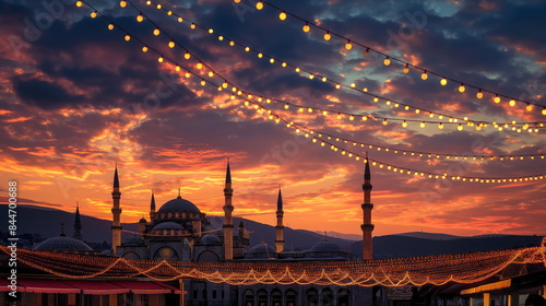 Picturesque sunset view over a mosque adorned with festive Eid ul Azha lights and decorations