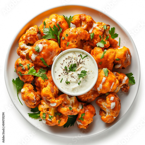 Spicy vegan buffalo cauliflower wing with ranch, isolated on a white background 