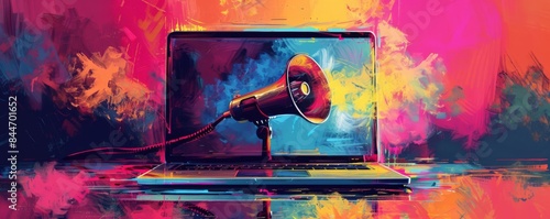 Megaphone through laptop, vibrant, pop art style, digital art, emphasizing powerful communication