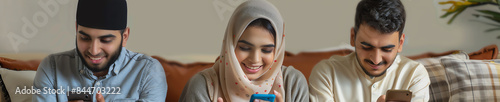 Friends and family sending and receiving Eid Mubarak messages on phones, selective focus, modern festivity, vibrant, composite, brightly lit living room backdrop