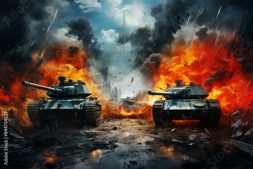 Fearsome Two war tanks. Combat action. Generate Ai