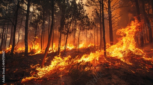 Flames spreading rapidly through dry underbrush in a forest, fueled by high winds and dry conditions
