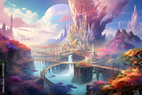 Fantasy landscape with a river and a city in the background.