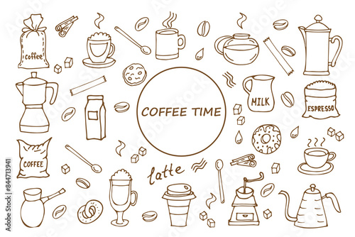 Set of hand drawn coffee sketches in brown color. Drawings of drinks, cups, snacks and coffeeware. Monochrome vector illustration for cards, menus and decorations.