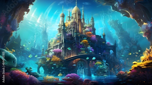 Illustration of a fantasy world in the water with a fantasy castle