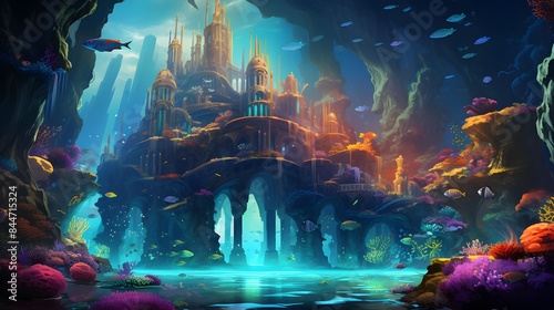 Fantasy underwater world. 3D render. Panoramic illustration.