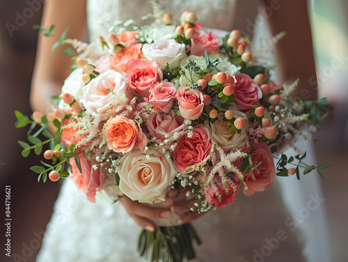 Einen Moment, in dem eine Braut einen Strauß aus weißen Rosen mit orangefarbenen Blüten hält, während das Sonnenlicht auf sie scheint und eine warme und romantische Atmosphäre schafft.