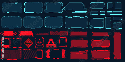 Collection of futuristic HUD elements in red and blue colors, featuring various interface panels, warning signs, and buttons. Ideal for sci-fi themed designs, user interfaces, and technology concepts