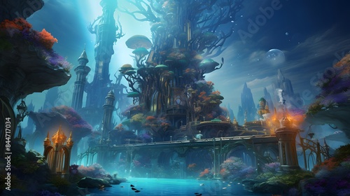 Fantasy underwater world. Panorama of a fantasy world. 3d rendering