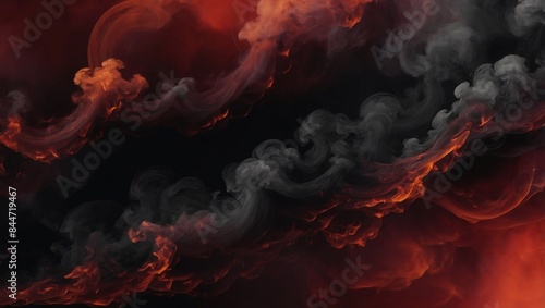 Fiery red sky meets abstract black-red backdrop with swirling smoke and flames in wide banner design.