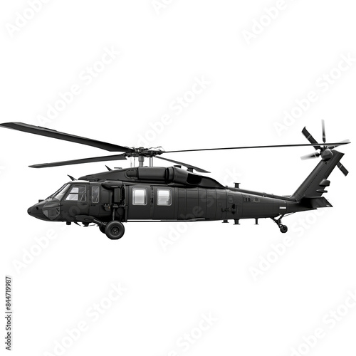 UH-60 Black Hawk helicopter isolated on transparent png background. A black helicopter with a white background