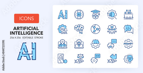 Line icons about artificial intelligence. Contains such icons as modeling, regulation, neural network and more. 256x256 Pixel Perfect editable in two colors