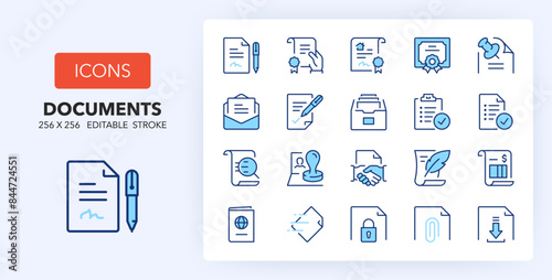 Line icons about documents. Contains such icons as agreement, contract, checklist and more. 256x256 Pixel Perfect editable in two colors