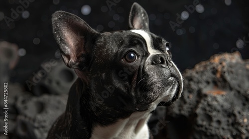 A curious French Bulldog stares into the distance, perhaps contemplating the vast expanse of the universe. A starry night sky adds a touch of wonder to this portrait.