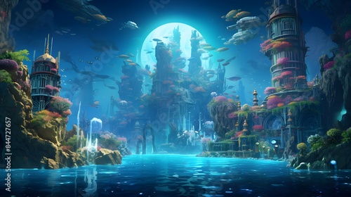 Fantasy underwater world with fishes and skyscrapers. 3d rendering