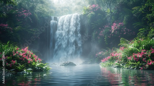A secluded waterfall hidden deep in a lush rainforest, with misty air and vibrant flora, transporting viewers to a world of untouched natural beauty