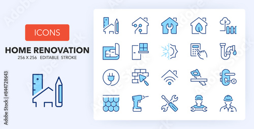Line icons about house building and renovation. Contains such icons as design, repair, masonry and more. 256x256 Pixel Perfect editable in two colors