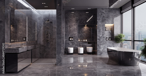 Bathroom in a modern style with dark grey furniture, fixtures, mirrors and glass surfaces. Interior design.