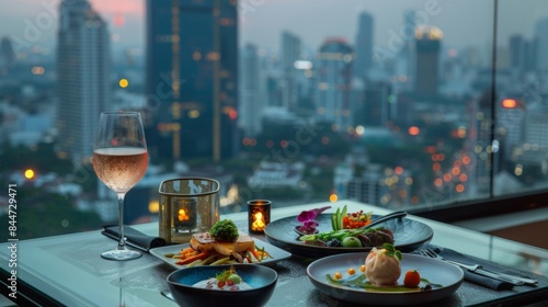 The cityscape turns into a hazy dream as the camera focuses on the intricately plated dishes that sit on the table. In the midst of the bustling urban landscape this rooftop bar offers .