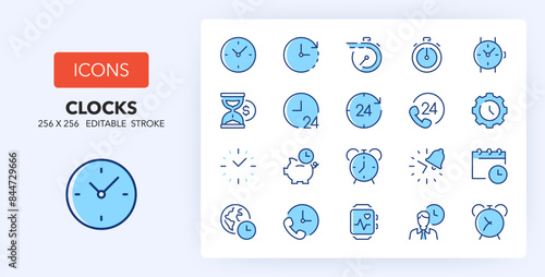 Line icons about clocks. Contains such icons as fast service, time management, fitness tracker and more. 256x256 Pixel Perfect editable in two colors