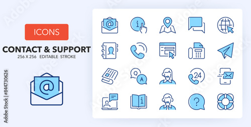 Line icons about contact and support. Contains such icons as customer service, information, call center and more. 256x256 Pixel Perfect editable in two colors