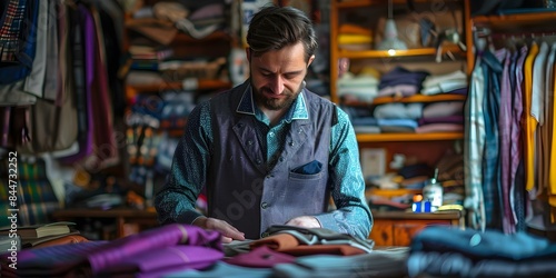 A talented tailor transforms clothes in a cozy colorful cluttered shop. Concept Clothing Transformation, Tailoring Expertise, Colorful Workshop, Cozy Ambiance, Creative Chaos