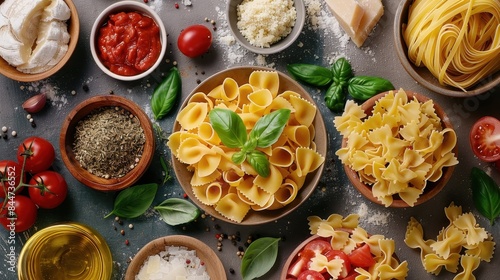 Flat lay of different pasta types and fresh ingredients for Italian cooking