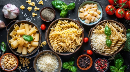 Flat lay of different pasta types and fresh ingredients for Italian cooking