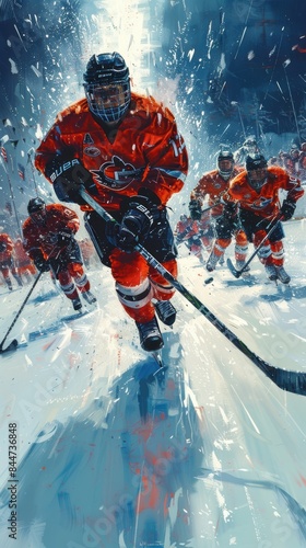 Illustration of a Exciting ice hockey game with players skating at high speed.