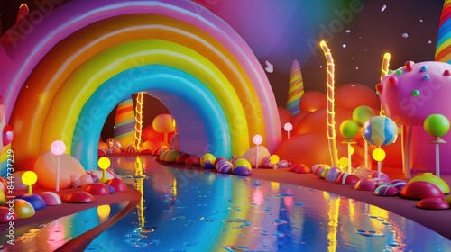 3D glowing rainbow arcing through a whimsical candy land