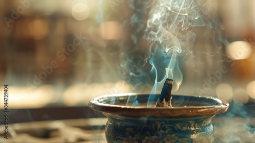 Tranquil Close-Up of Burning Incense Stick with Softly Blurred Background - Serene Composition with Delicate Details and Calming Atmosphere