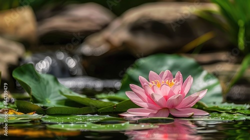 Pink water lily blooms in a pond