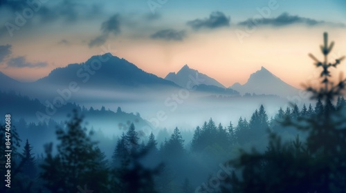 Veiled in a gauzy veil of fog the distant peaks of the enchanted wilderness create a mesmerizing vista inviting one to lose themselves in the magic and mystery of this ethereal wonderland. .