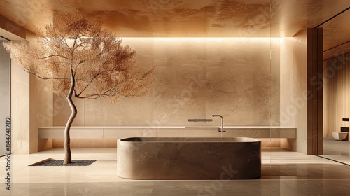  A bathroom featuring a tree in its center and a bathtub likewise positioned