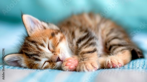  A kitten naps atop a bed, its head resting on paw and beside it