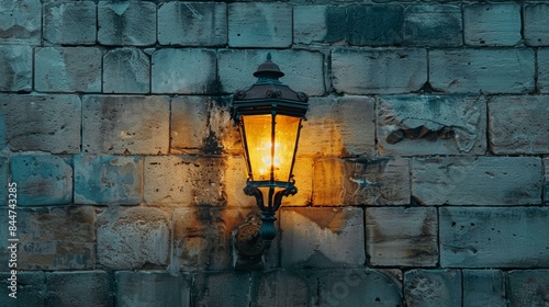  A brick wall's shadow holds a street light's yellow glow, positioned beside it