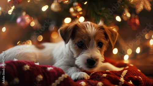 Cute puppy sitting by Christmas tree , AI Generative.