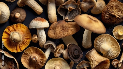Mushrooms of varying shapes, sizes, and colors are gathered together on a table. Generated with AI
