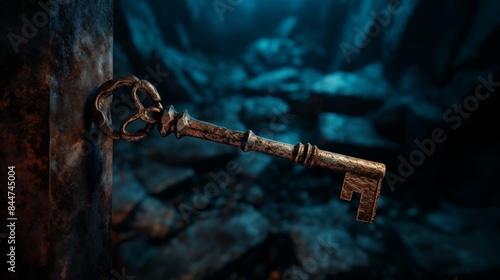 A rusted key stuck in a corroded lock, signifying the inability to unlock solutions to ongoing problems. Concept of stagnation and deadlock.