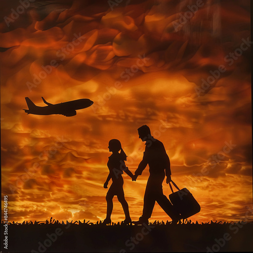 A picture of a couple leaving at a airport with Silhouette of a aero plane in the background at aerodrome. 