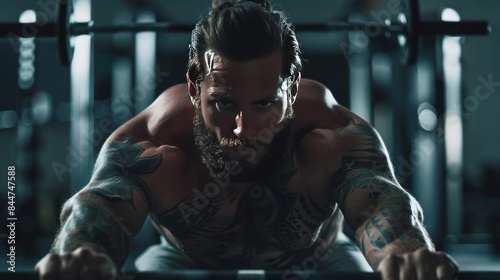 Muscular man doing push-ups in dimly lit gym, showcasing strength and focus