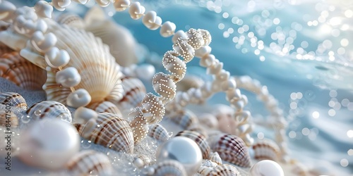 3D-style DNA structure made with seashells, pearls, and ocean backdrop. Concept Ocean-themed DNA Art, Seashell Genetics, Pearlescent DNA Structure, Underwater Genetic Cosmos