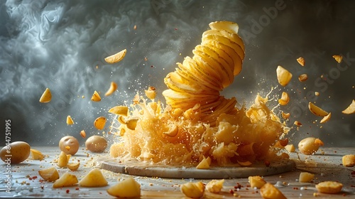 Tornado Potato:A Chaotic Maelstrom of Spiraling,Crinkled Potato Shards in Photographic Clarity